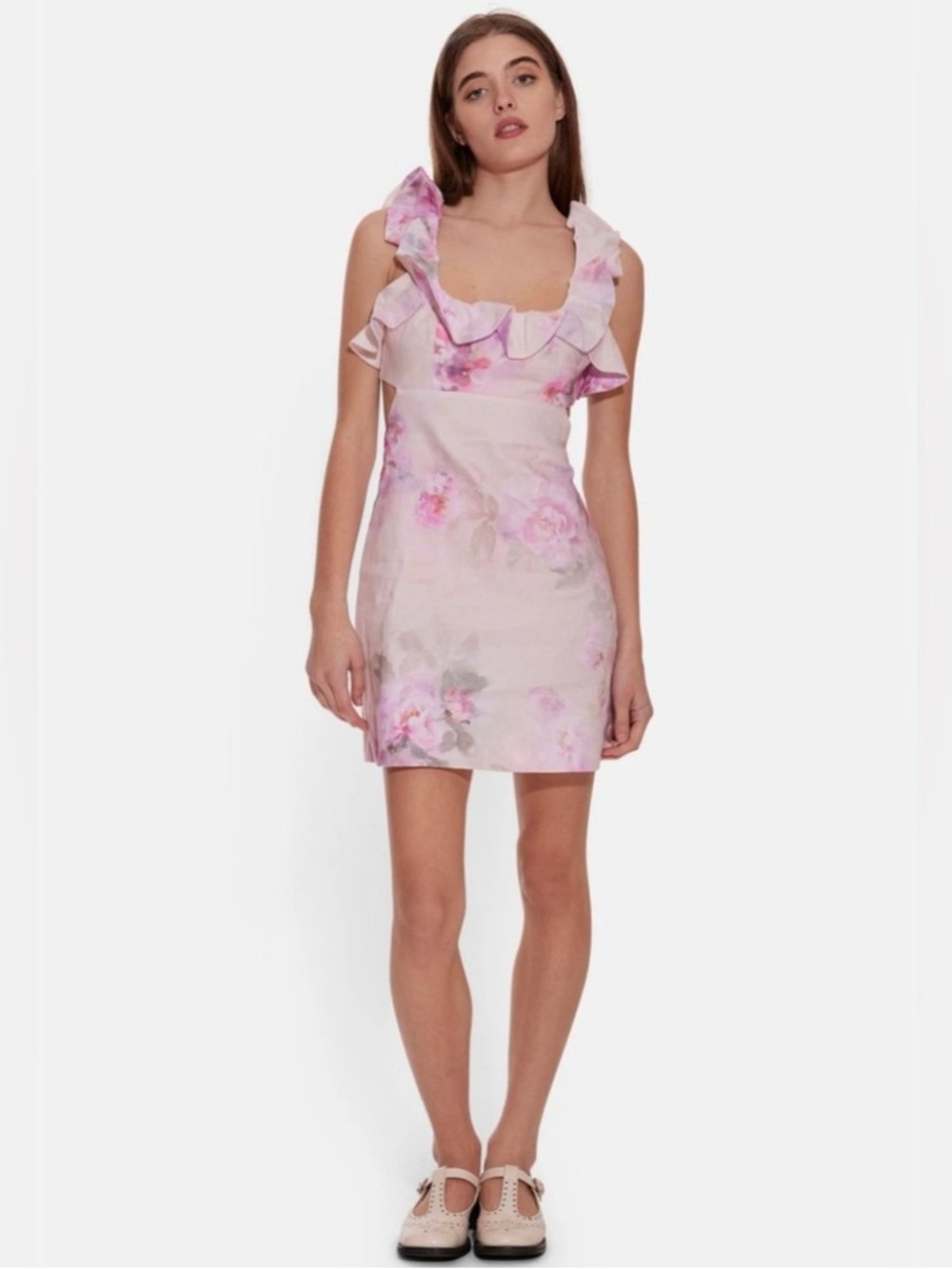 Zimmermann Pink Floral Ruffled Square-Neck Mini Dress